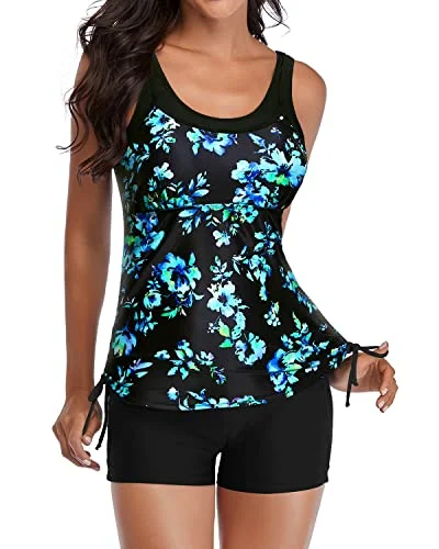 Volleyball Sport Tankini Swimsuits Shorts Slimming Swimwear-Black Blue Floral