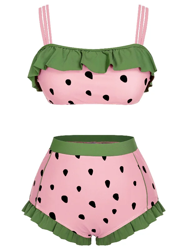 Pink 1950s Strawberry Ruffle Strap Swimsuit