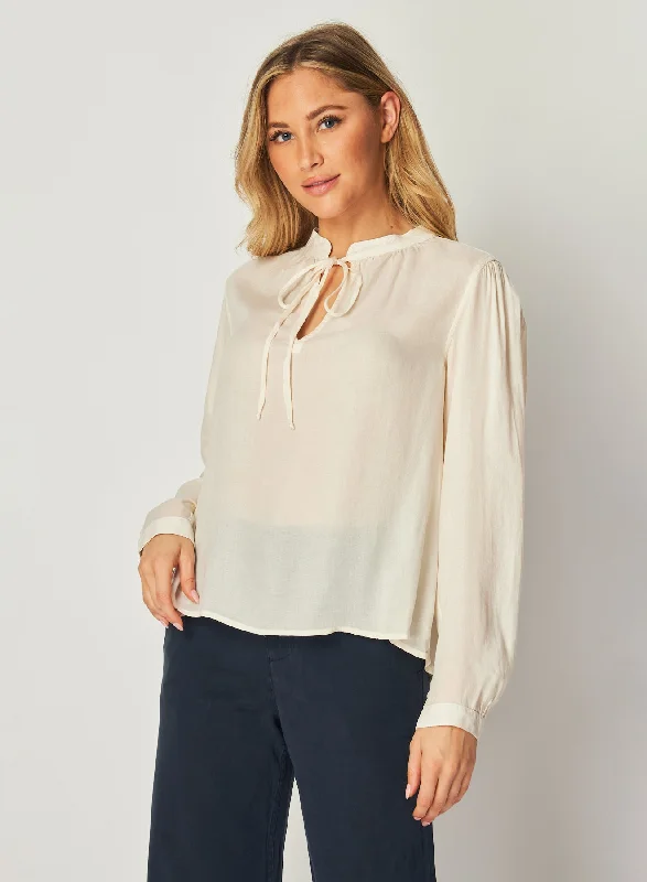 Flowy Tie Neck Pullover - Ivory Pearl