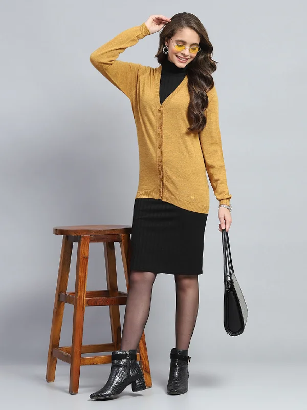 Women Yellow Solid V Neck Full Sleeve Cardigan