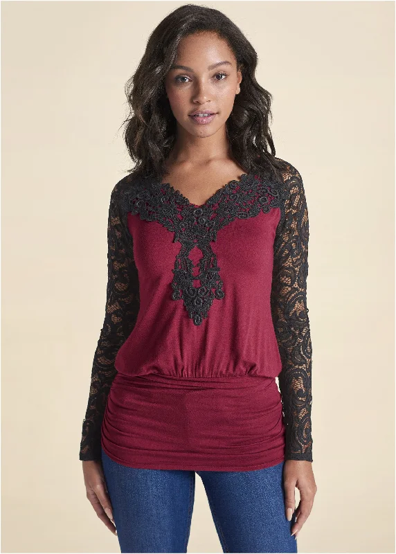 Lace Detail Ruched Top - Wine Multi