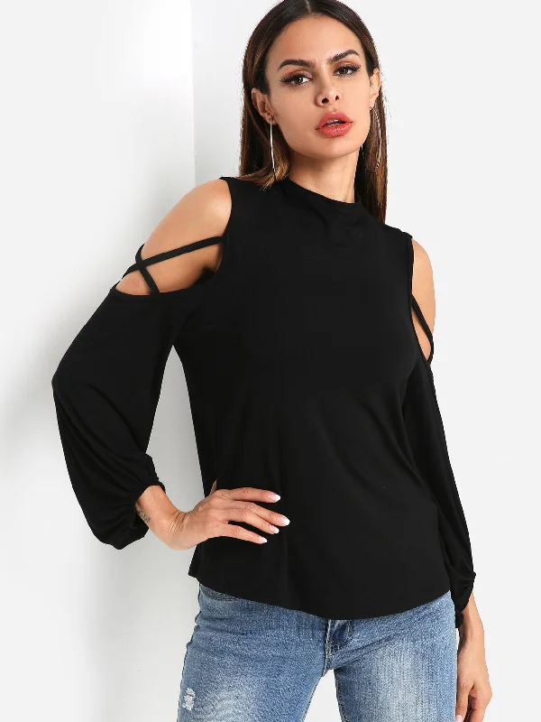 Custom Round Neck Cold Shoulder Plain Long Sleeve Black T-Shirts