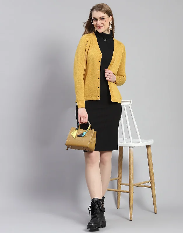 Women Mustard Solid V Neck Full Sleeve Cardigan