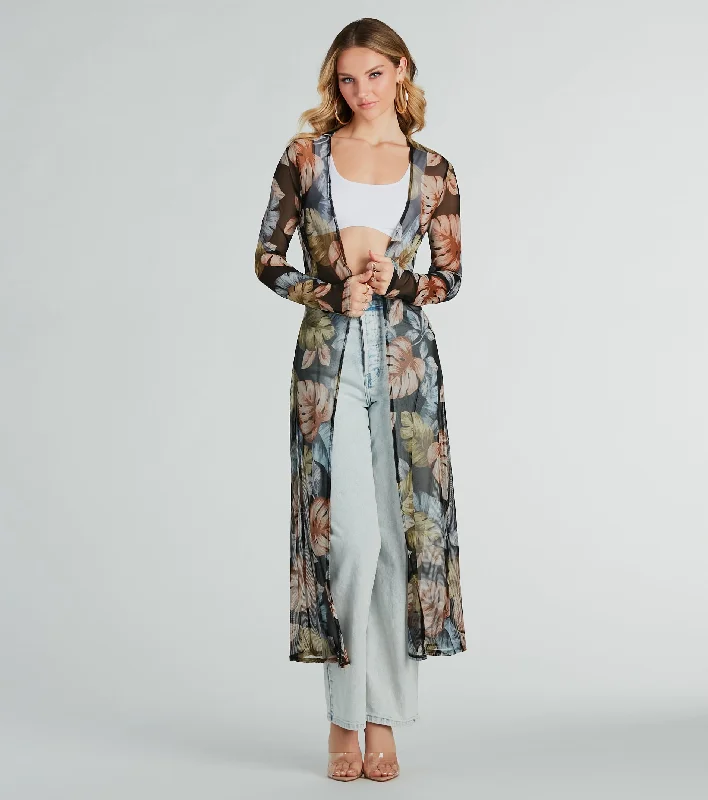 Resort-Ready Tropical Print Mesh Duster