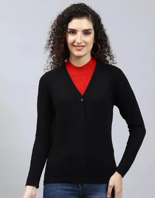 Women Black Solid V Neck Full Sleeve Cardigan