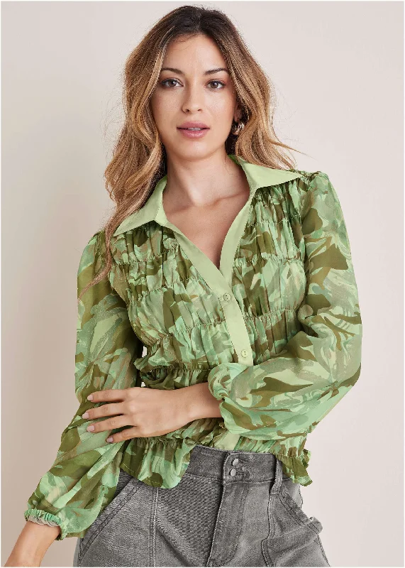 Collared Smocked Top - Abstract Camo