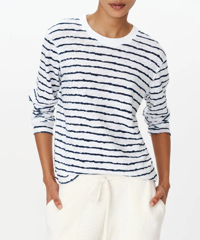 Slub Jersey with Stripe Long Sleeve Destroyed Wash Crop Tee - White-Midnight