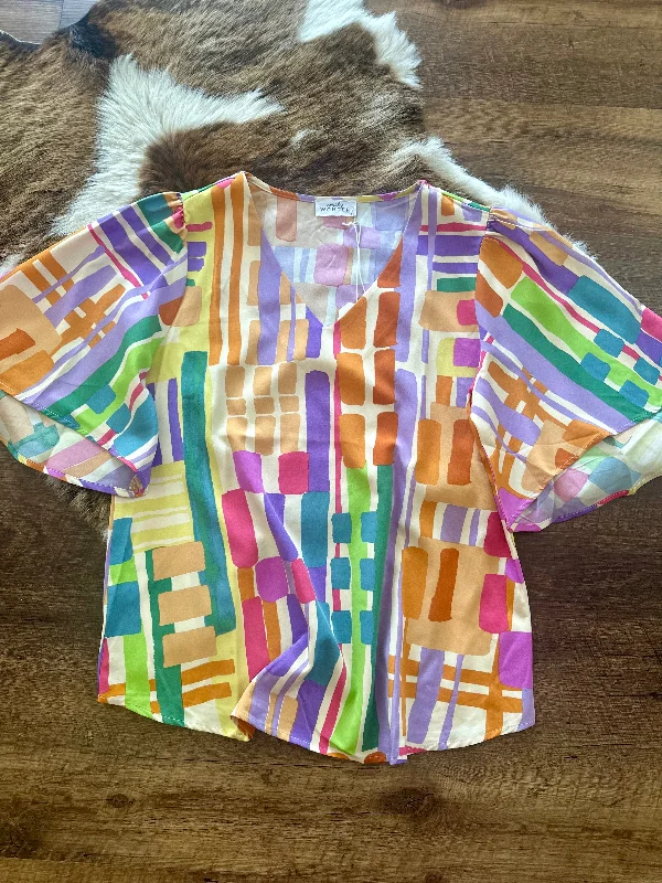 Multi Color Print V Neck Top