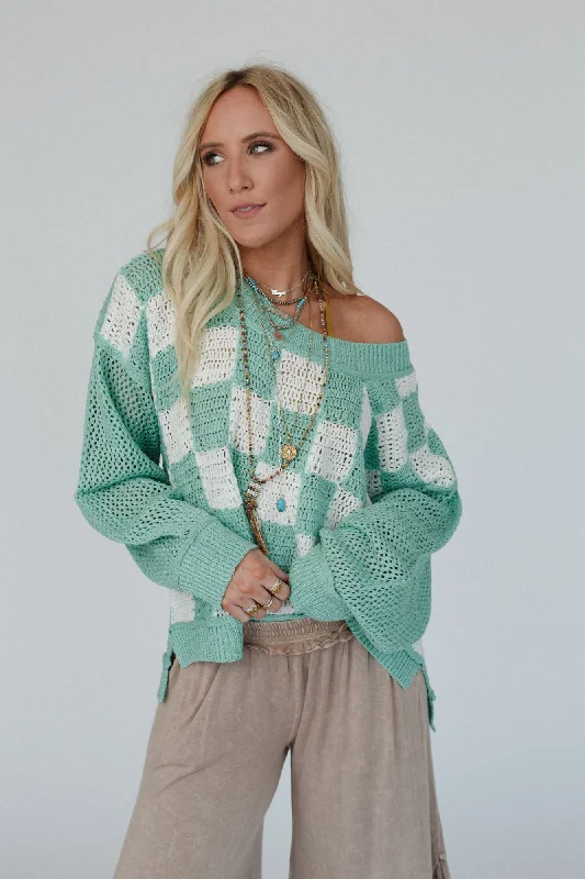 Checkered Charm Top - Aqua