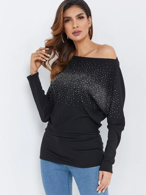 OEM ODM One Shoulder Polka Dot Long Sleeve Black T-Shirts