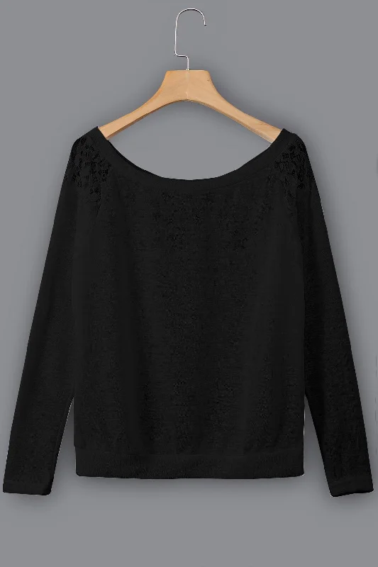 OEM ODM Round Neck Lace Hollow Long Sleeve Black Top