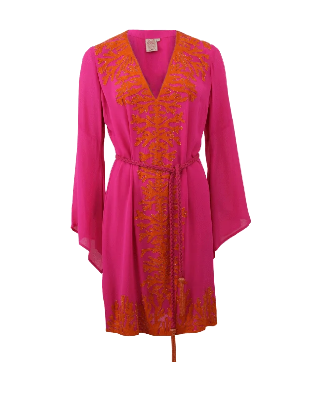 Coral Embroidered Belted Kaftan