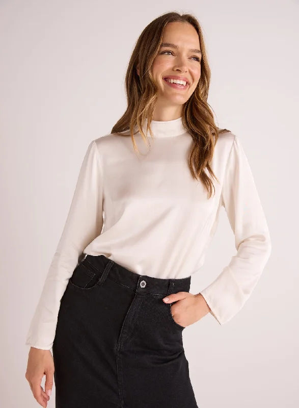 Mock Neck Button Back Top - Winter White