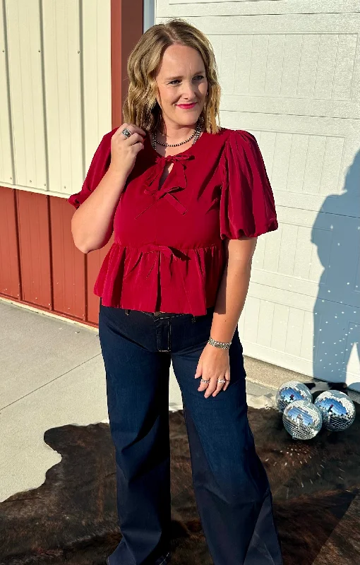 Peplum Bow Top - Burgundy