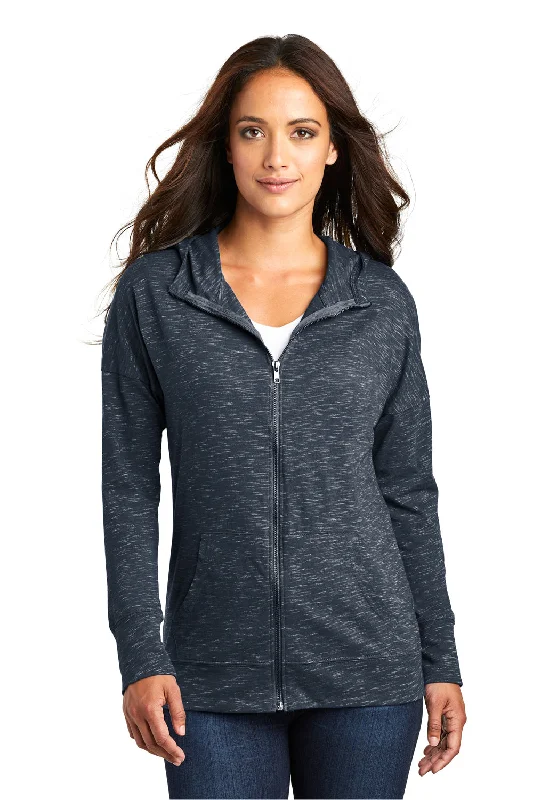 District Womens Medal Full Zip Hooded Sweatshirt Hoodie w/ Pockets - New Navy Blue