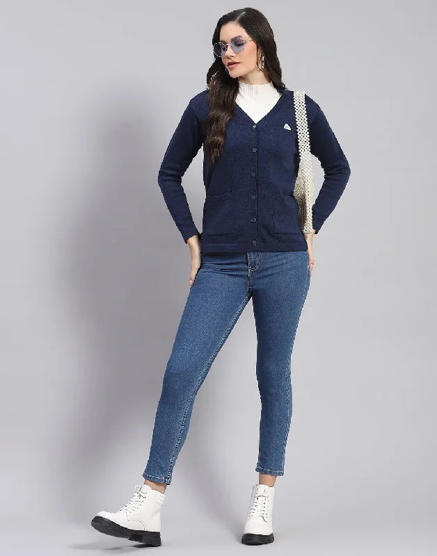 Women Navy Blue Solid V Neck Full Sleeve Cardigan