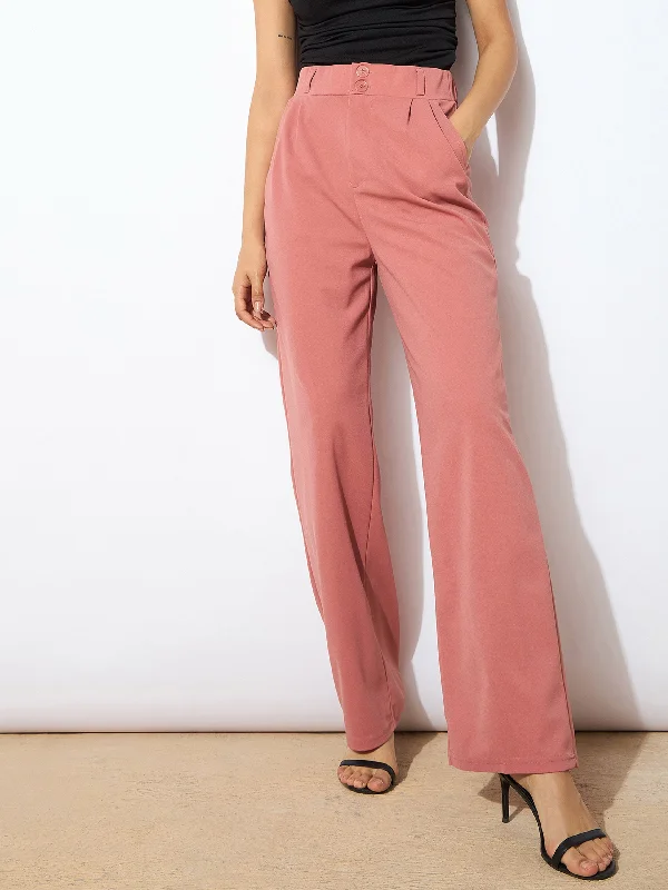 Women Pink Pleated Straight Pants