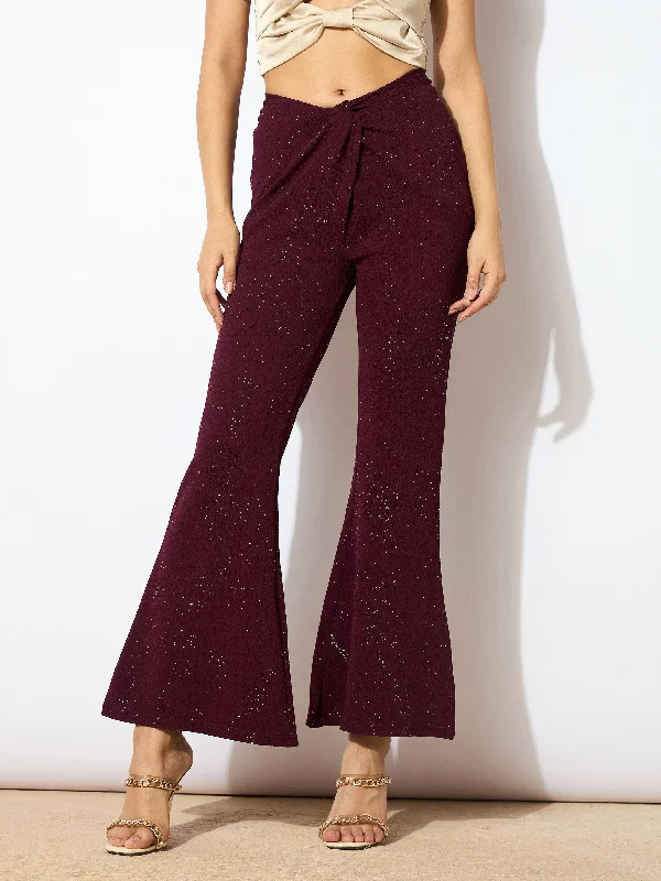 Women Burgundy Shimmer Twisted Bellbottom Pants