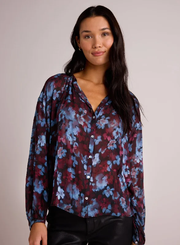 Shirred Neck Blouse - Berry Bloom Print