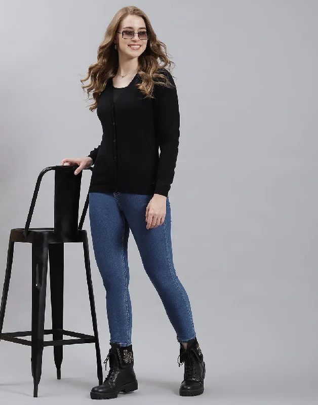 Women Black Solid V Neck Full Sleeve Cardigan