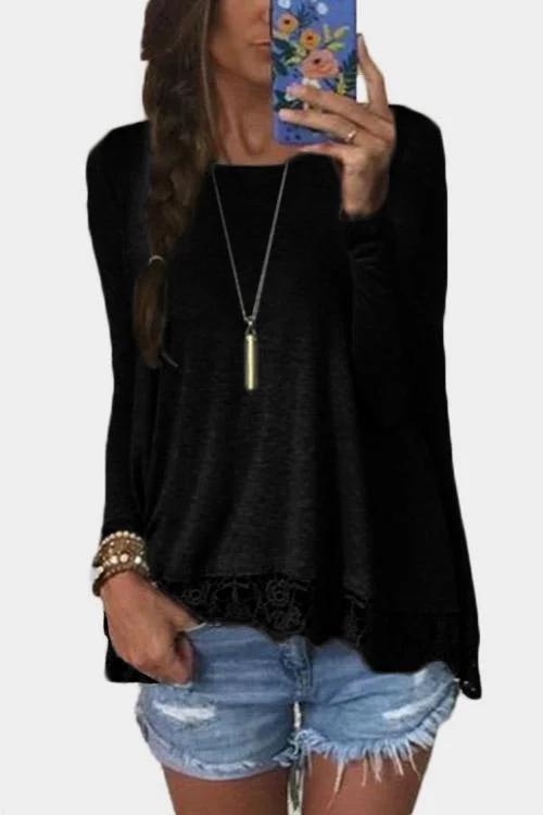 OEM ODM Long Sleeve Round Neck Lace Black T-Shirts