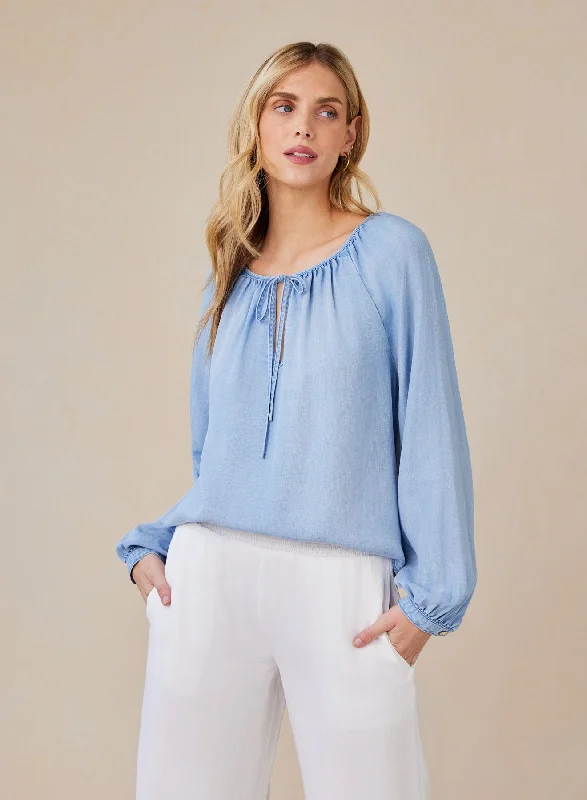 Shirred Raglan Tie Front Blouse - Coastal Spray Wash