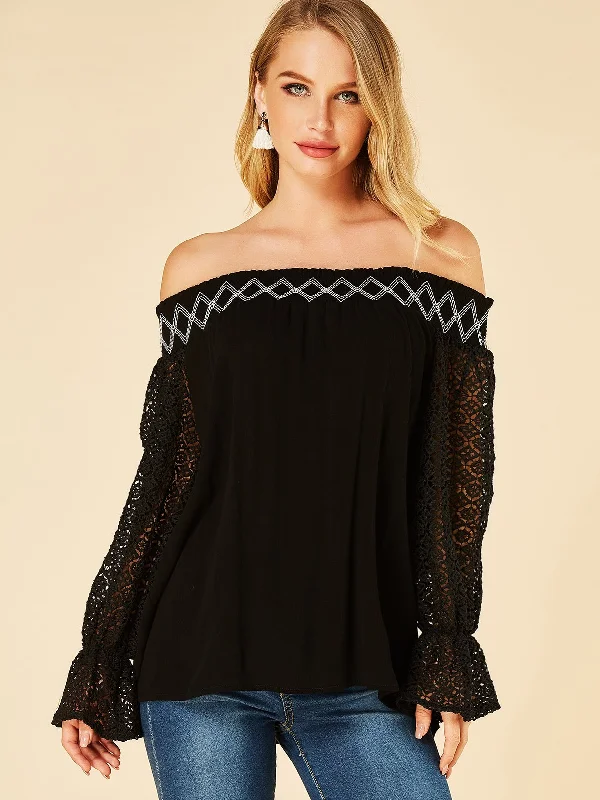 Wholesale Off The Shoulder Plain Lace Long Sleeve Black Tee