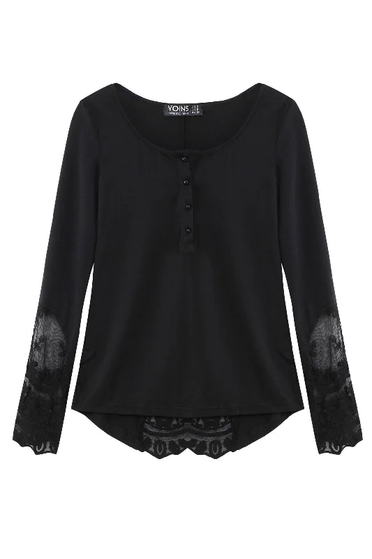 Wholesale Round Neck Lace Long Sleeve Black Fashion Tee