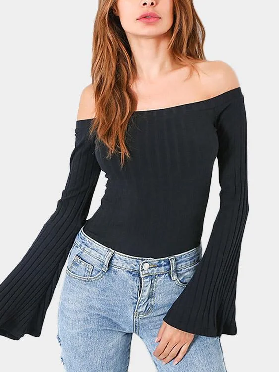 Custom Off The Shoulder Long Sleeve Black T-Shirts