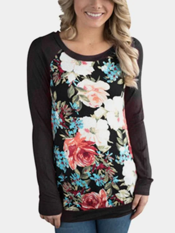 OEM ODM Floral Print Long Sleeve Black T-Shirts