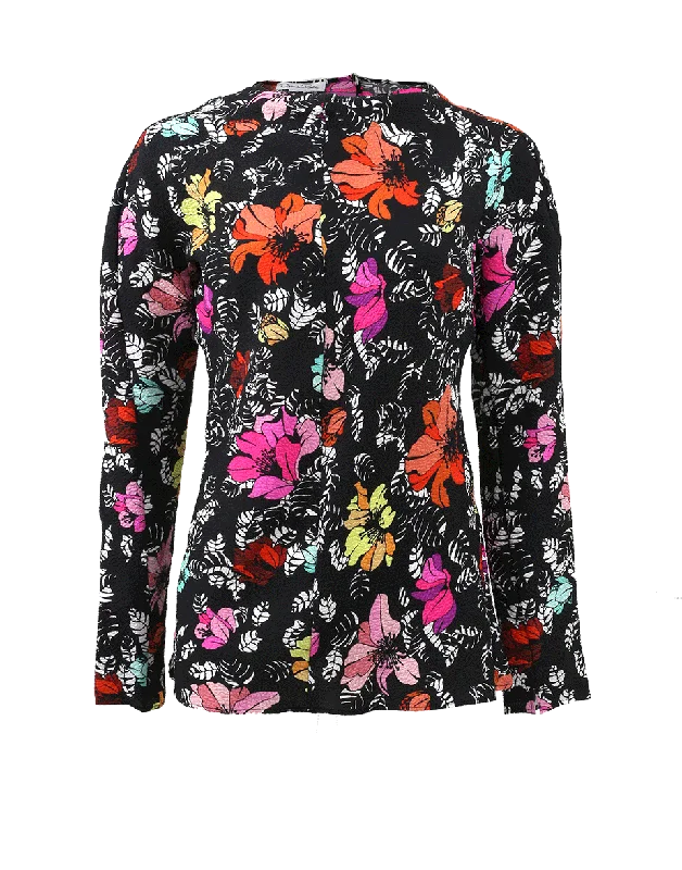 Tropical Printed Cloque Cowl-Neck Blouse