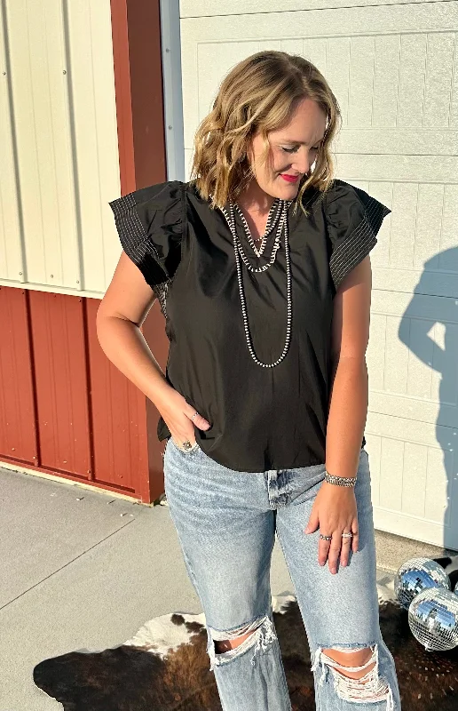 Black Stitched Ruffle Sleeve Top