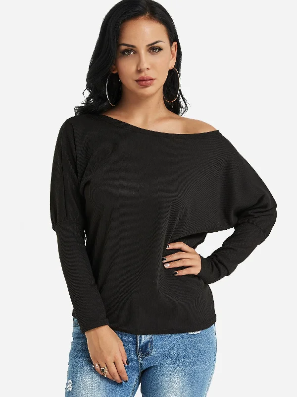 OEM ODM One Shoulder Long Sleeve Black Top