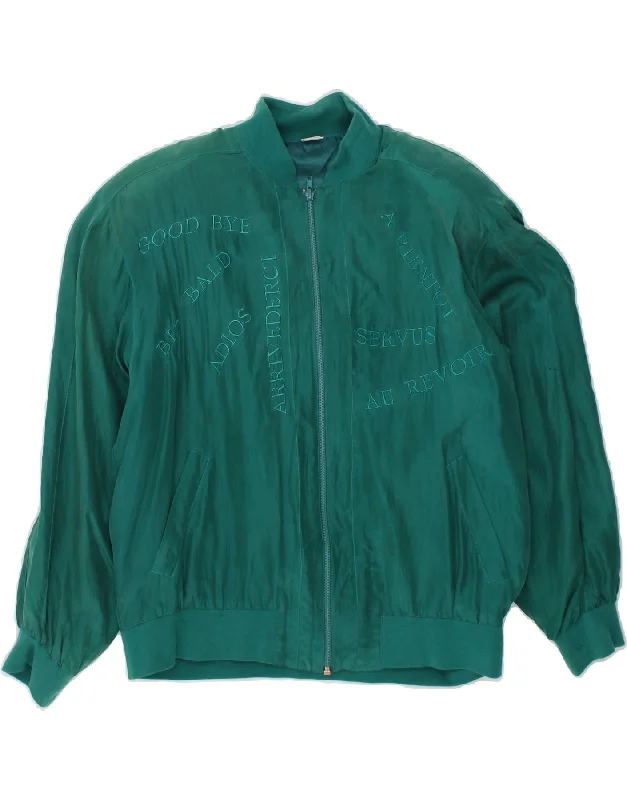 VINTAGE Womens Graphic Bomber Jacket EU 40 Medium Green Silk