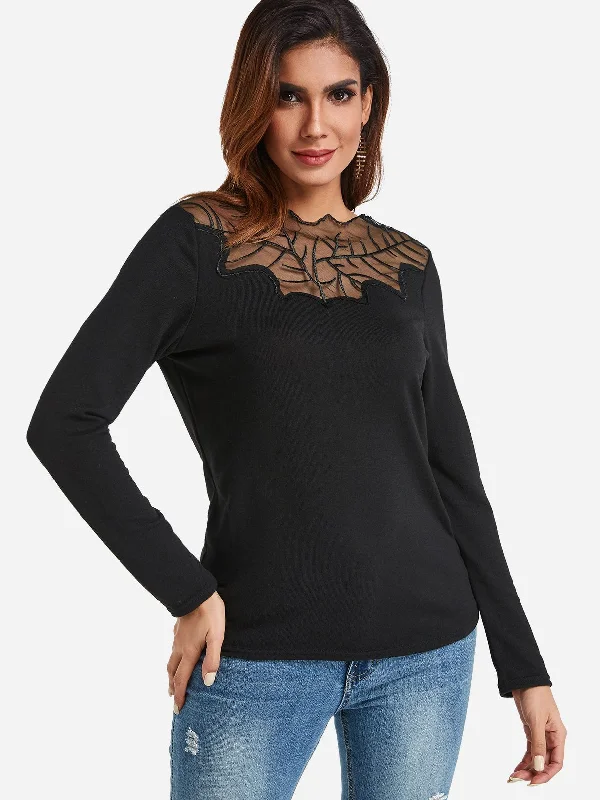 OEM ODM Round Neck Lace Long Sleeve Black T-Shirt