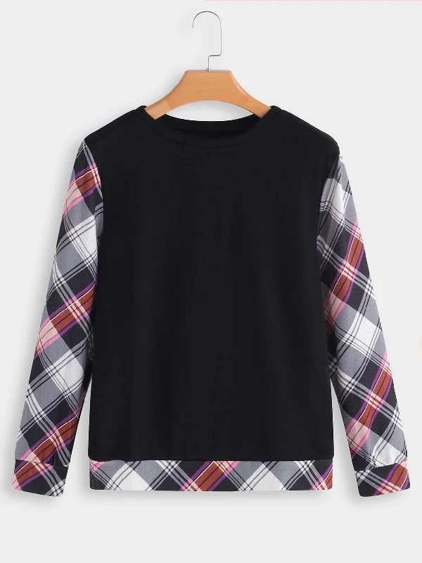 Custom Round Neck Grid Printed Long Sleeve Black T-Shirts