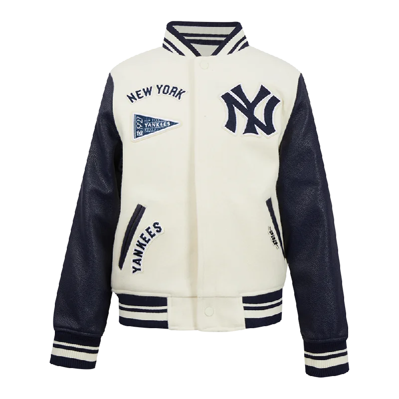 NEW YORK YANKEES RETRO CLASSIC BIG BOYS RIB WOOL VARSITY JACKET (EGGSHELL/ MIDNIGHT NAVY)