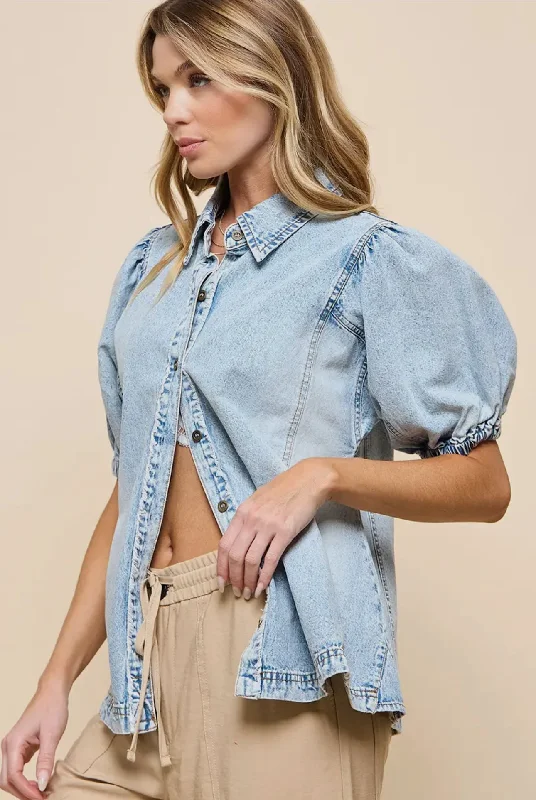 Denim Puff Sleeve Button Down Top