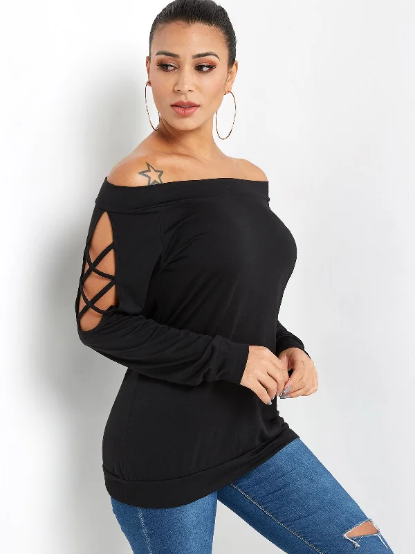 Custom Off The Shoulder Plain Hollow Lace-Up Long Sleeve Black T-Shirts