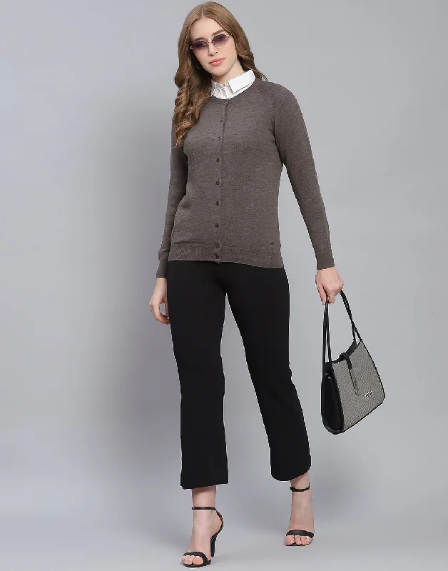 Women Grey Solid Round Neck Full Sleeve Cardigan