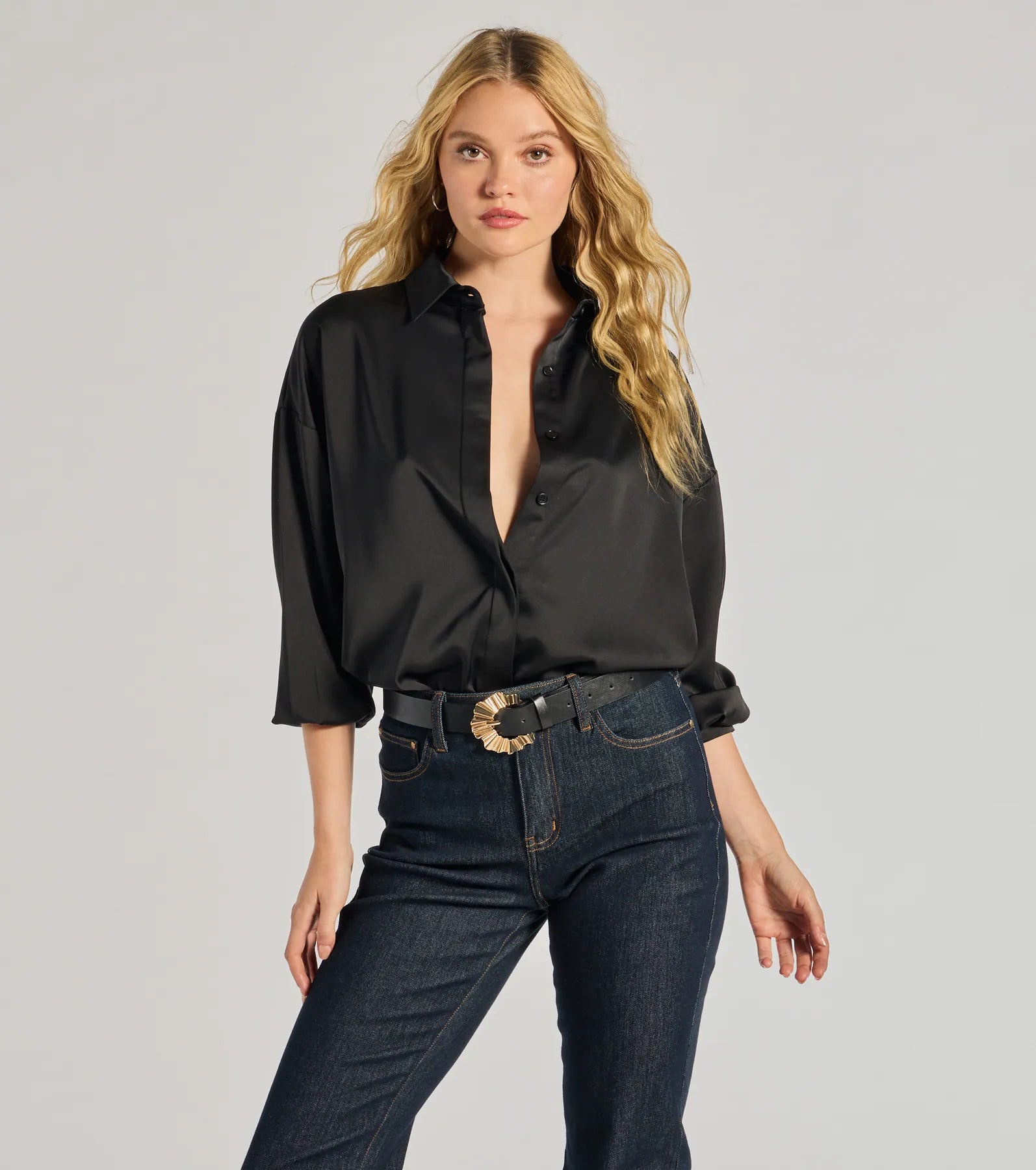 Always Chic Satin Button-Down Long Sleeve Top