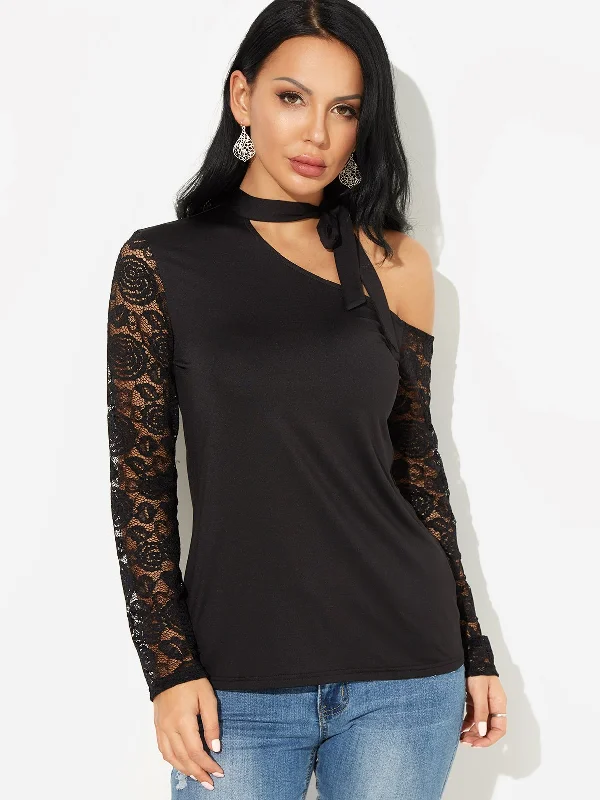 Custom One Shoulder Lace Tie-Up Long Sleeve Black T-Shirts