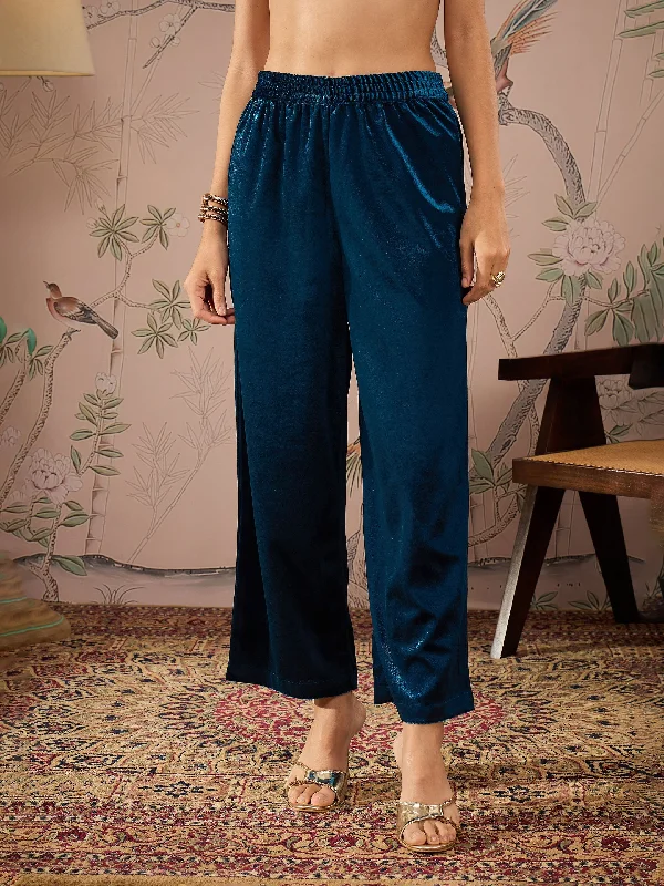 Women Teal Velvet Elasticated Straight Pants