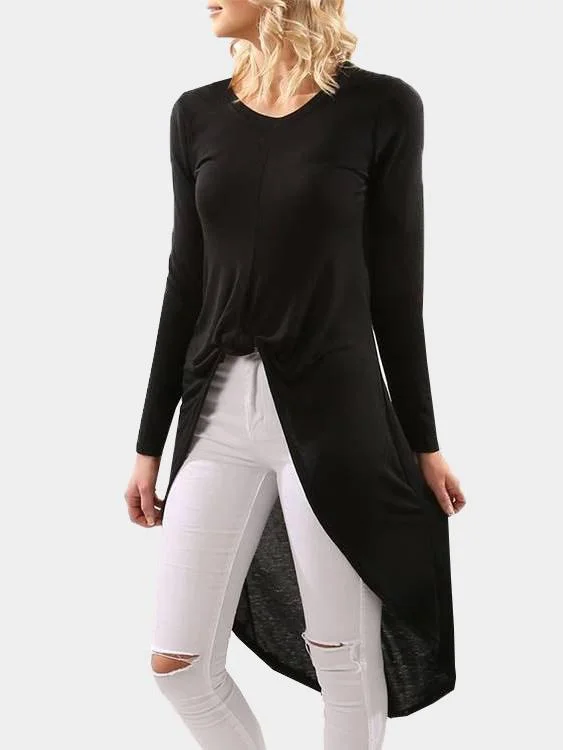 Custom Round Neck Long Sleeve Irregular Hem Black Top