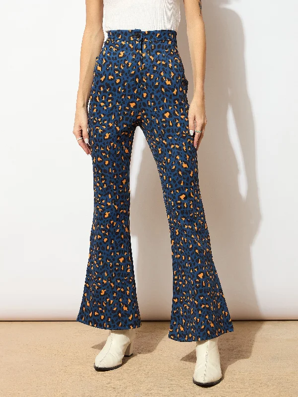 Women Navy Cheetah Scuba Bell Bottom Pants