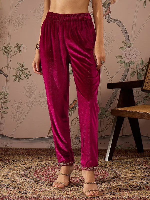 Women Fuchsia Velvet Elasticated Straight Pants