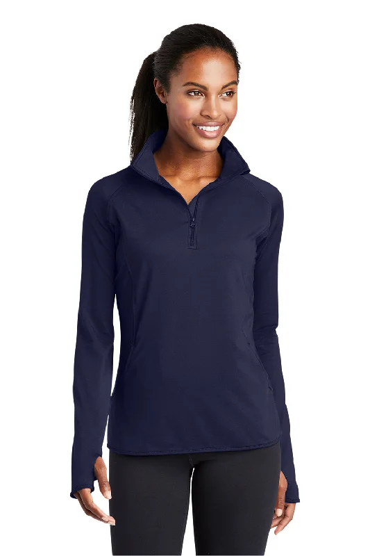 Sport-Tek Womens Sport-Wick Moisture Wicking 1/4 Zip Sweatshirt w/ Pouch Pocket - True Navy Blue